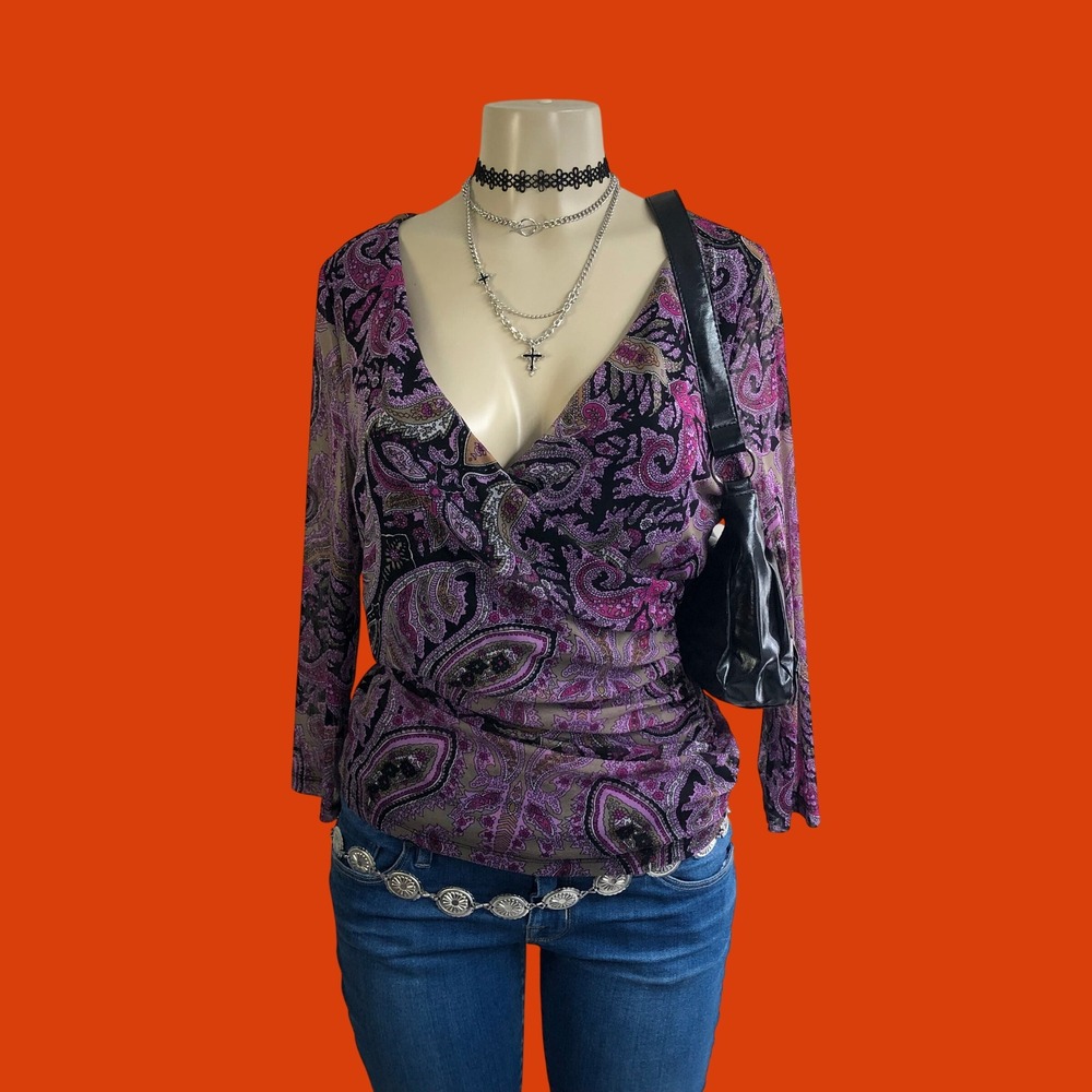 Vintage Y2K INC Mesh Paisley Wrap Top Purple Whimsigoth Crossover Blouse L